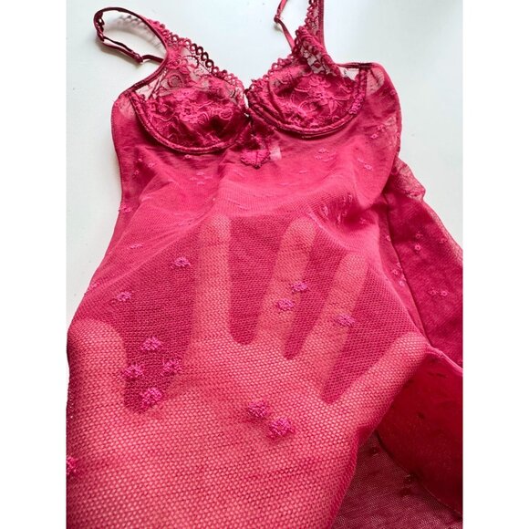 Vintage SILK & SATIN Maroon Red Mesh Lace Babydoll Negligee Slip Dress, Size S - Picture 10 of 13